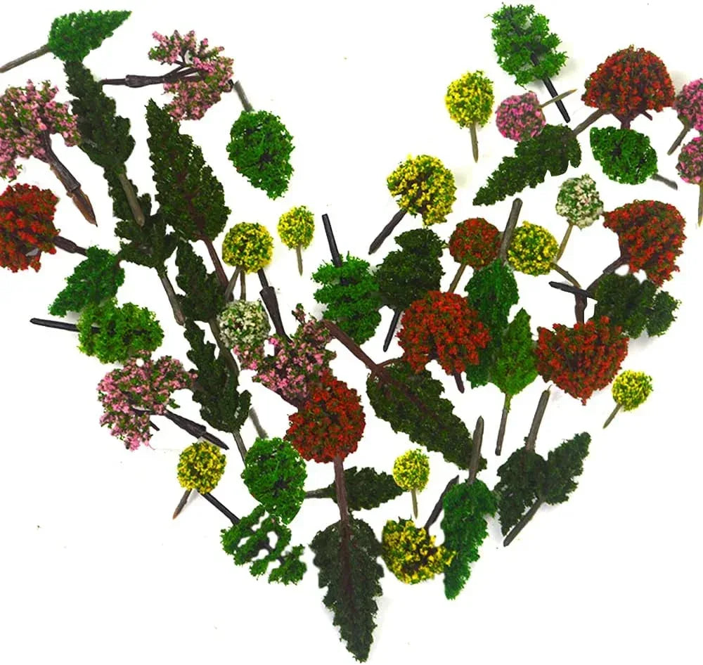 Assorted miniature artificial trees for model train scenery and diorama, 70-piece set by MOMOONNON, realistic miniature foliage.
