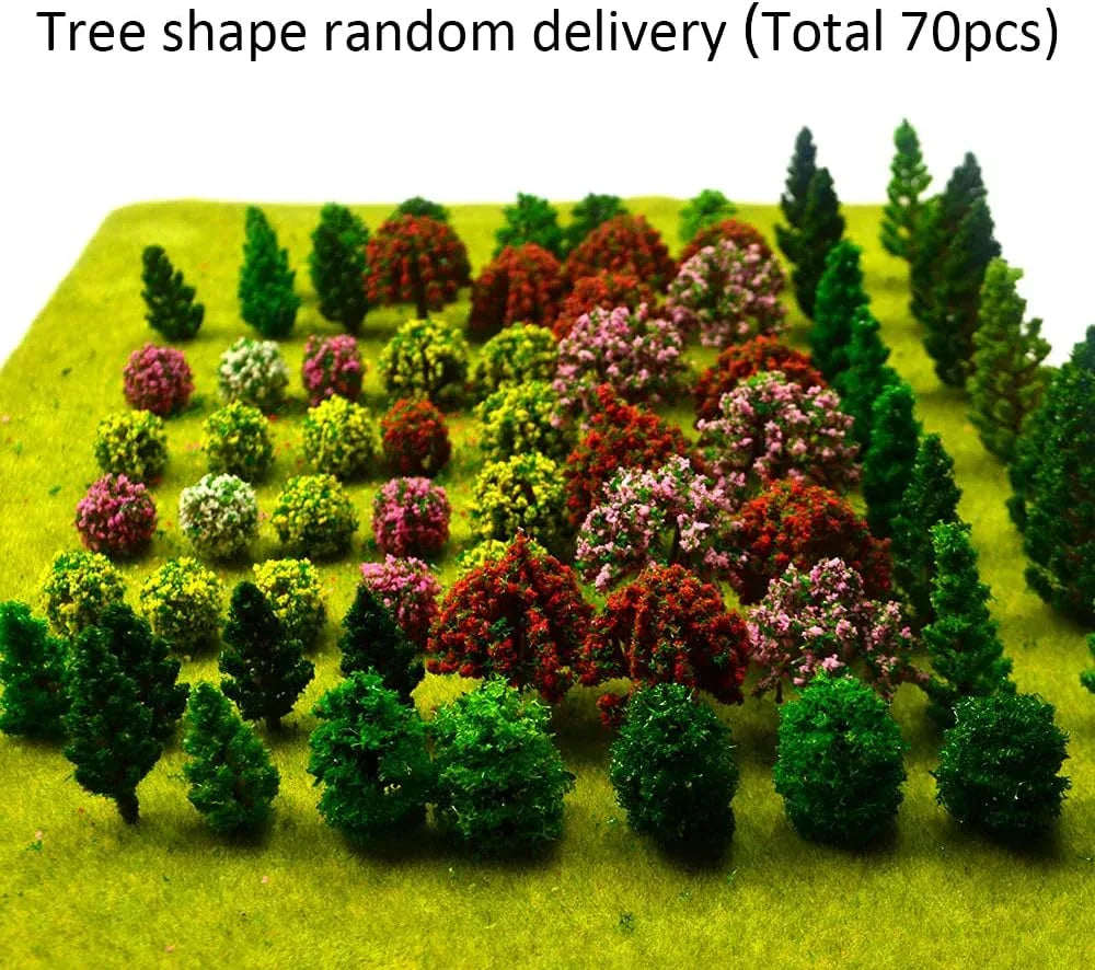 Assorted miniature artificial trees for model train scenery and diorama, featuring 70 tiny trees in various styles by MOMOONNON.