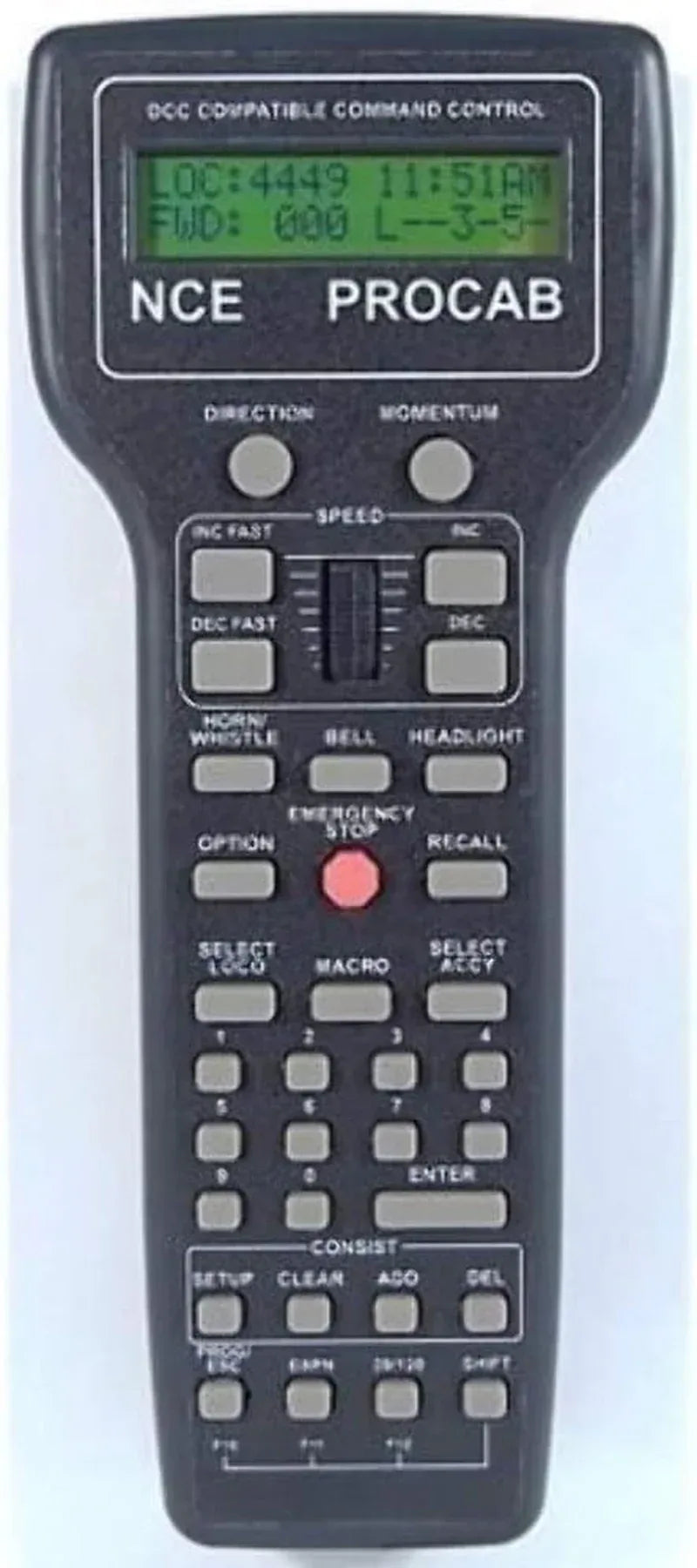 NCE Corporation Deluxe Pro Cab Model 5240010 control system with digital display and control buttons for model train layout.