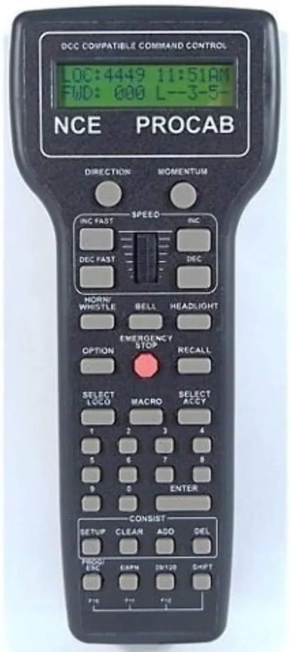 NCE Corporation Deluxe Pro Cab Model 5240010 control system with digital display and control buttons for model train layout.