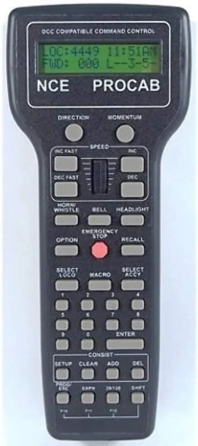 NCE Corporation Deluxe Pro Cab Model 5240010 control system with digital display and control buttons for model train layout.