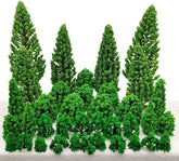 Assorted miniature trees and bushes set for dioramas and scenic train landscapes, featuring 40 detailed model greenery pieces.