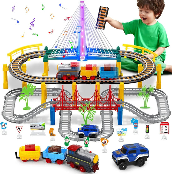 Qishu electric train set for children ages 4-8 with realistic sounds, lights, and train tracks, featuring colorful train and accessories.