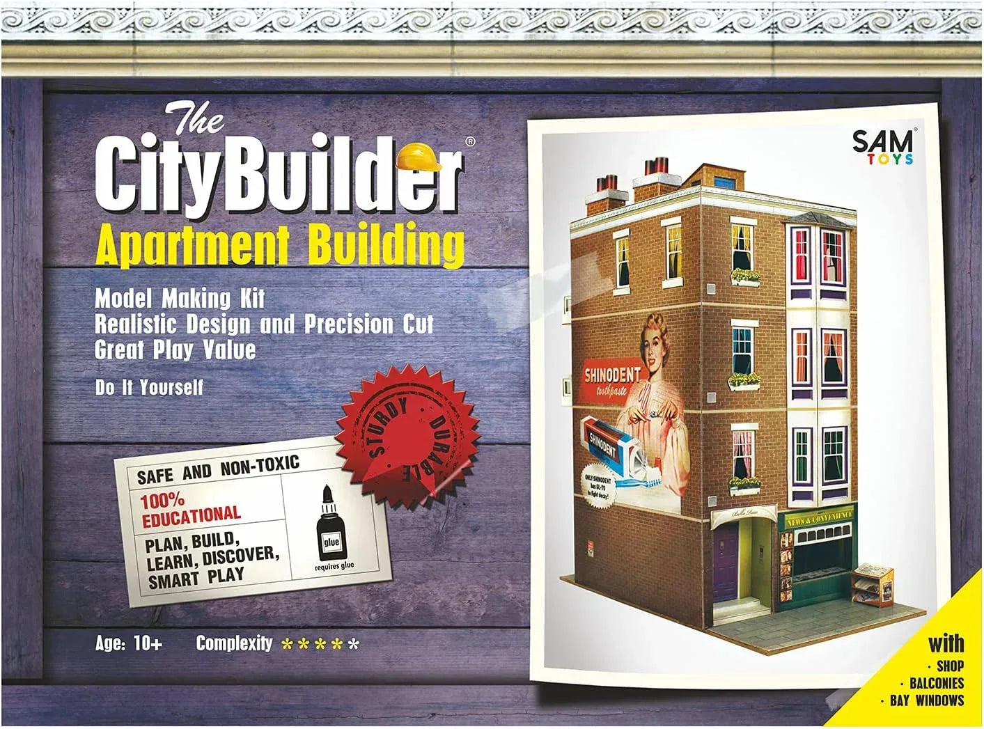 O Scale apartment building cardboard model kit for urban railroad setups, by SAM TOYS, with detailed windows and brick facade.