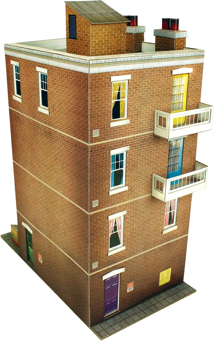 O scale apartment building cardboard model kit by SAM TOYS, detailed urban railroad scenario accessory, realistic cityscape design