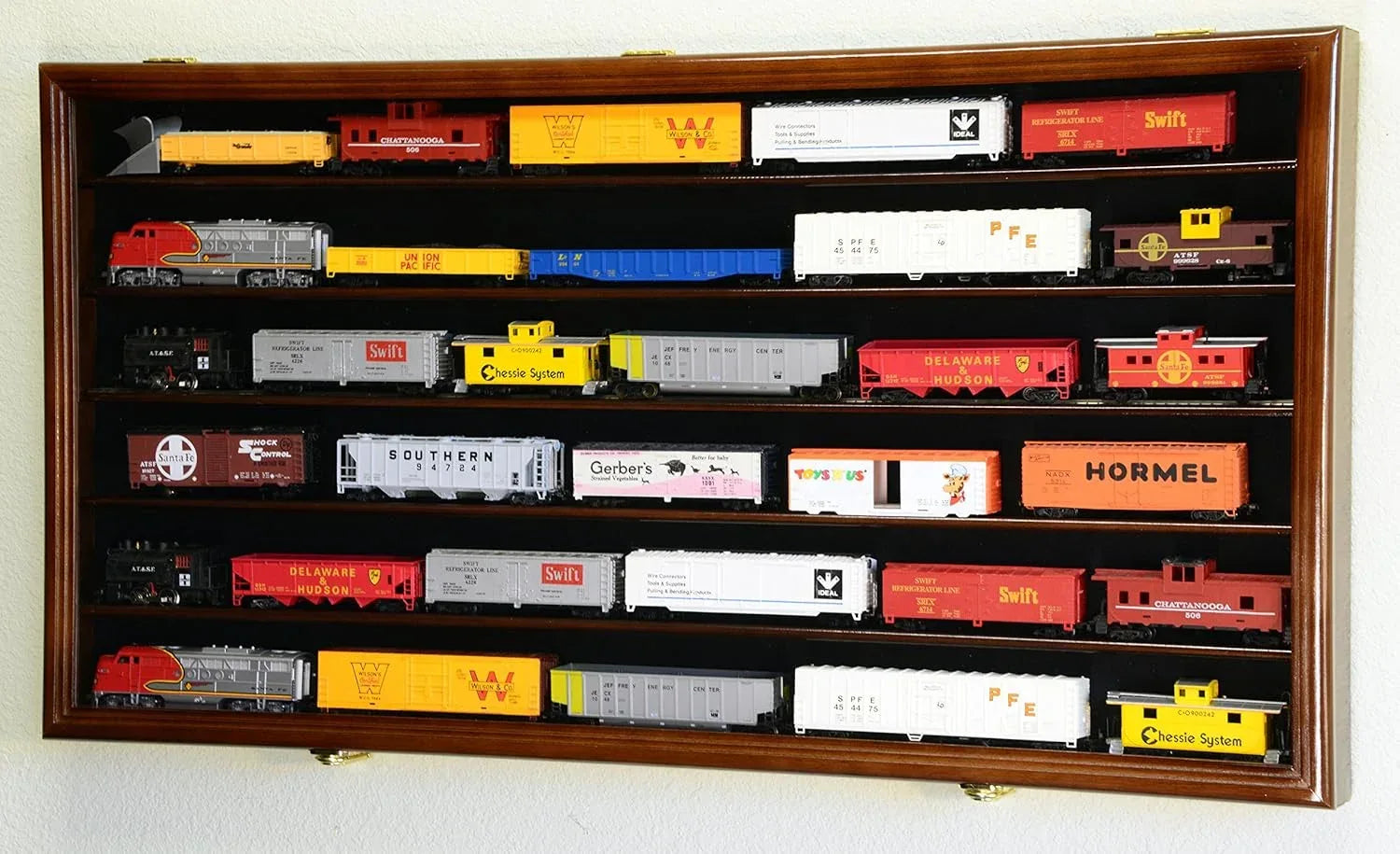 Walnut HO scale model train display cabinet with lockable door and UV protection, designed for safe home train collection display