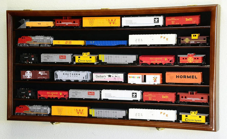 Walnut HO scale model train display cabinet with lockable door and UV protection, designed for safe home train collection display