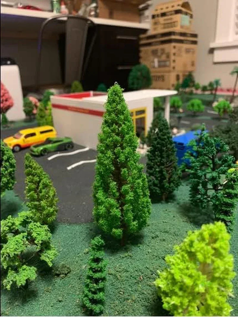 Mixed model plastic trees set with animal figures, HO scale bushes and trees for model train scenery, by shenzhenshi tian jiao baobao.