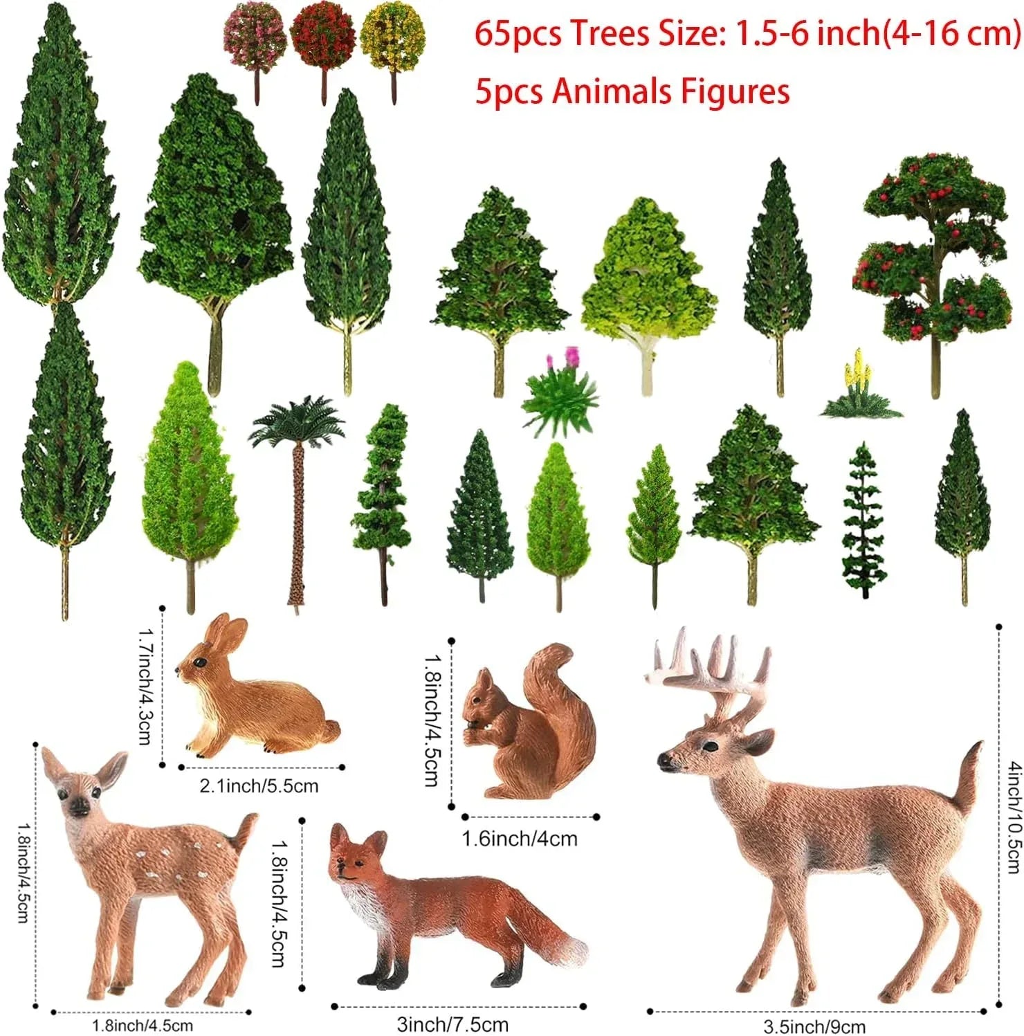 Mixed model plastic trees set by Shenzhenshi Tian Jiao Baobao for HO scale train scenery with animal figures, 70 pieces, 1.5-6 inches.