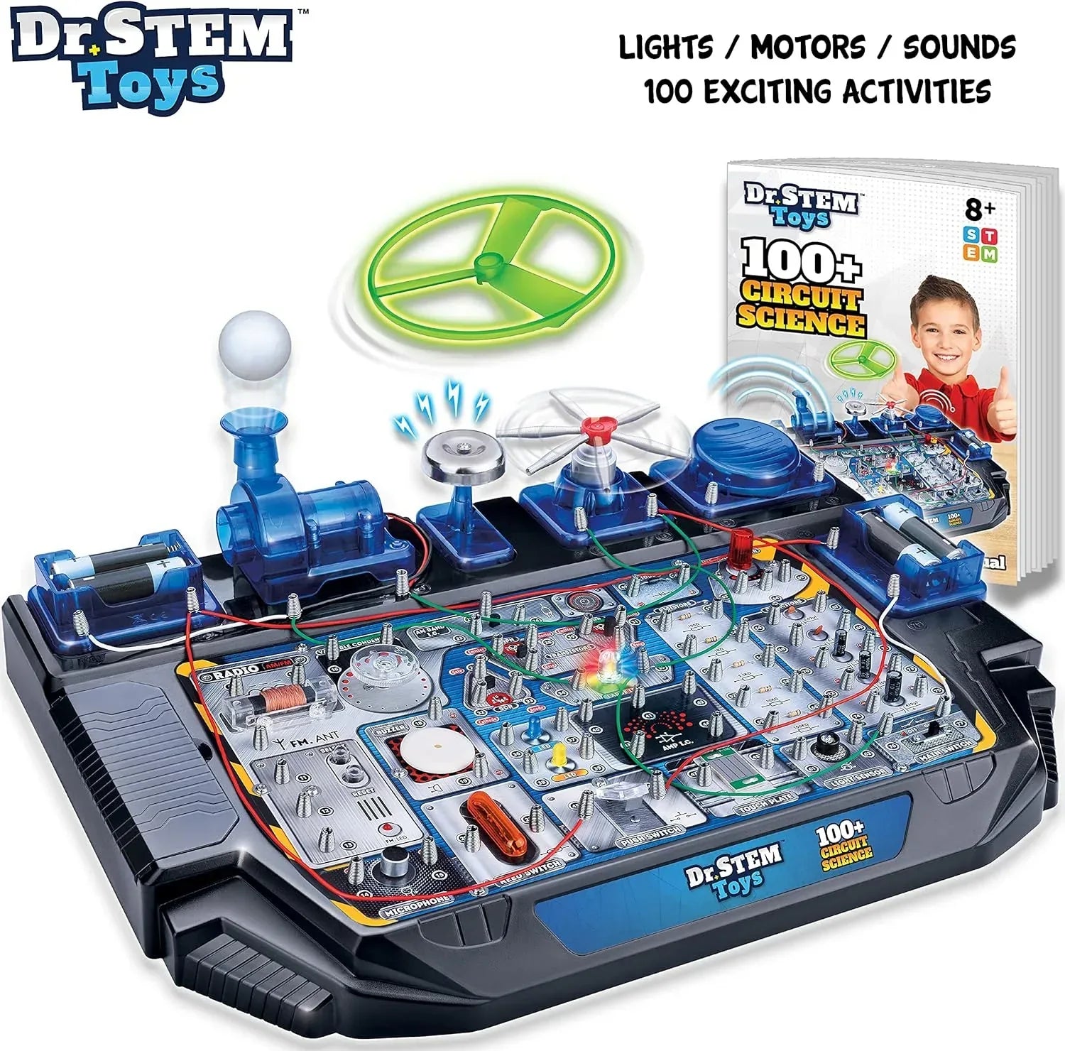 Dr. STEM Circuit Science Kit by Thin Air Brands showing colorful components, wires, and experiment setup for electrical experiments.