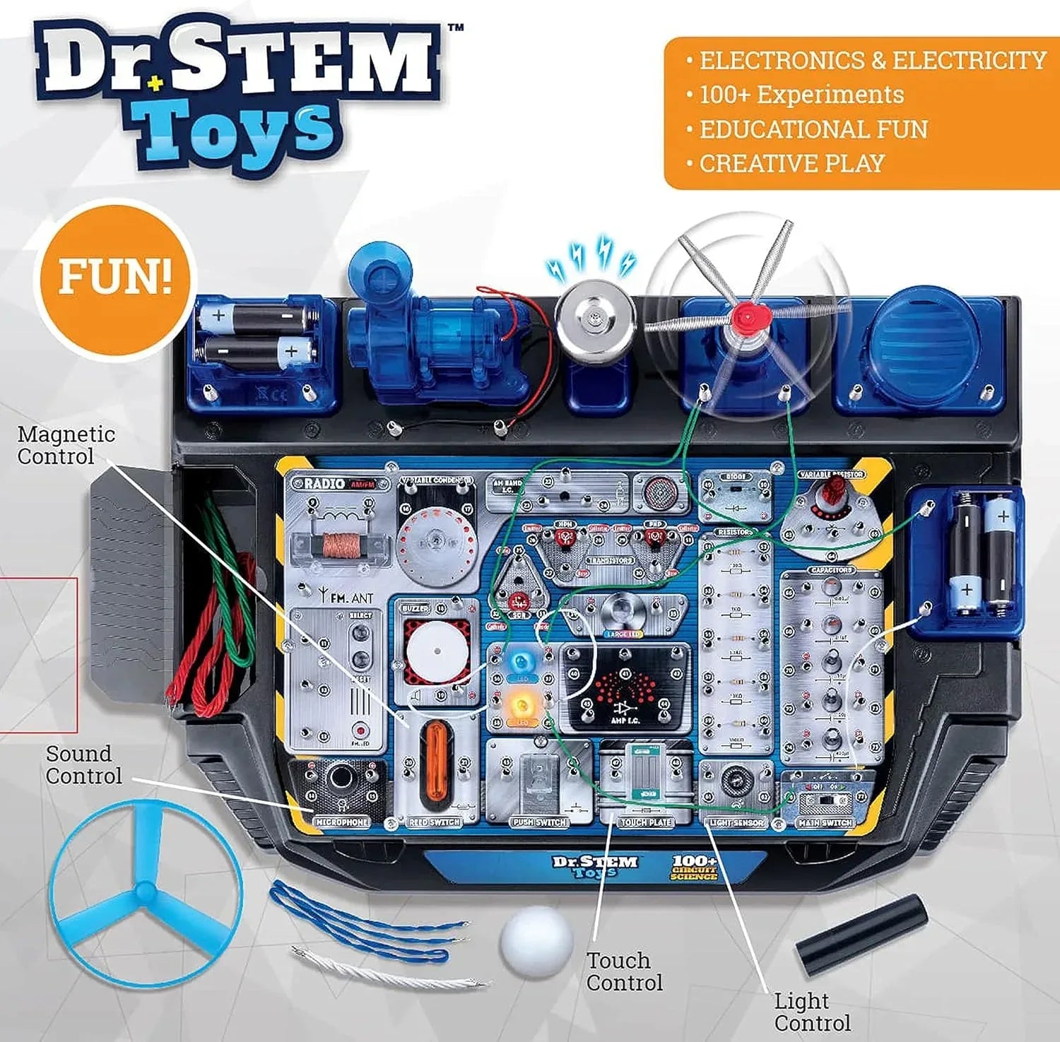 Dr. STEM Circuit Science Kit by Thin Air Brands with colorful components and wiring for 100+ electrical experiments for ages 8 and up.