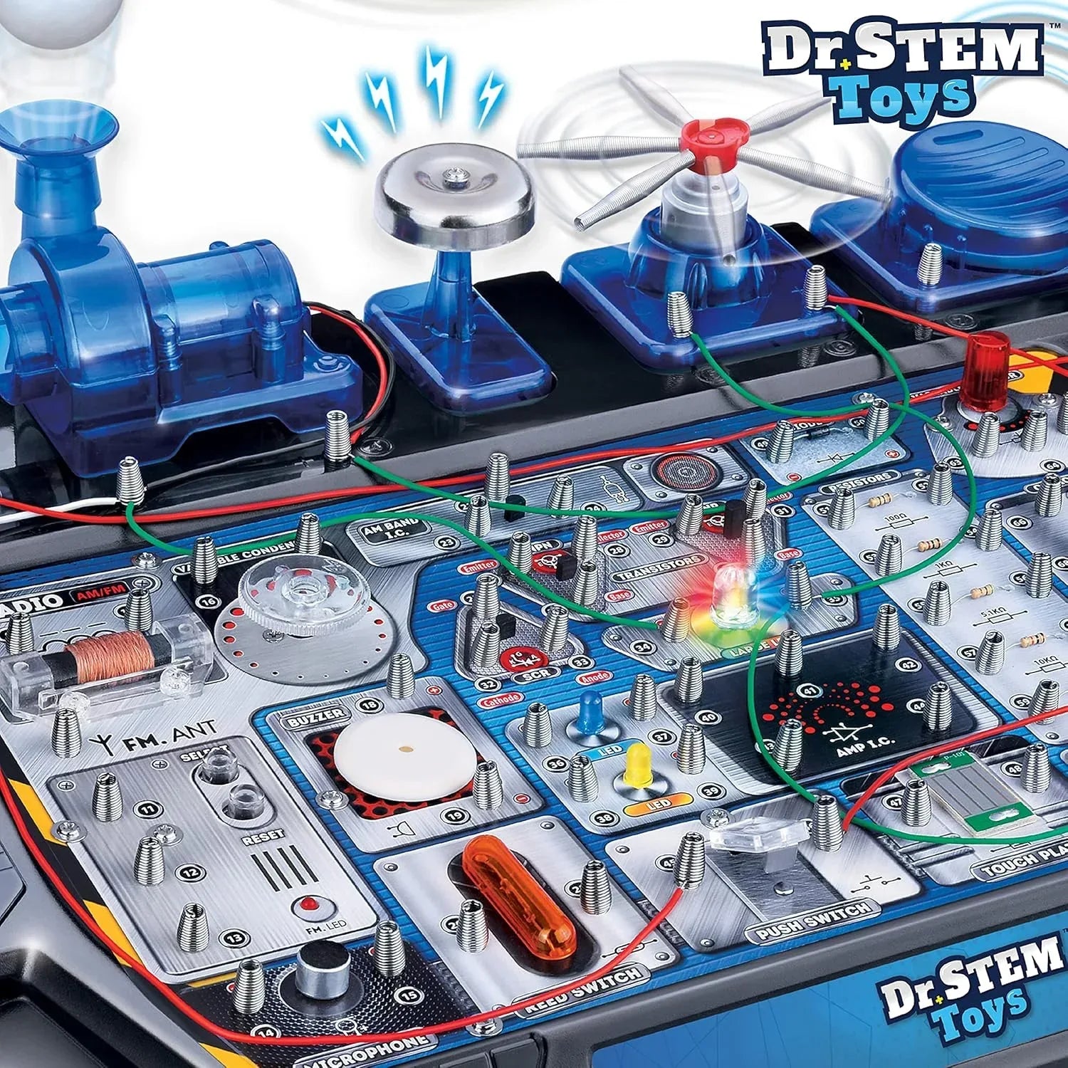 Dr. STEM Circuit Science Kit by Thin Air Brands showing colorful wires, circuit components, and experiment instructions for electrical projects.