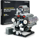 Turtten V8 Engine Model Kit showing a DIY mini V8 engine with visible combustion mechanism and 535 pieces for STEM engineering.