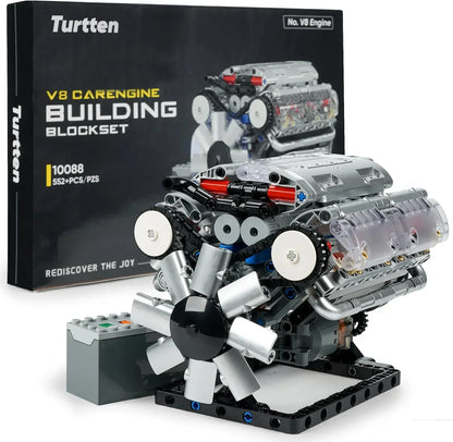 Turtten V8 Engine Model Kit showing a DIY mini V8 engine with visible combustion mechanism and 535 pieces for STEM engineering.