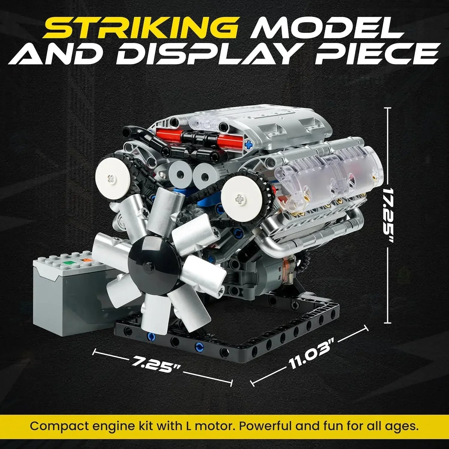 Turtten V8 Engine Model Kit showing a detailed mini V8 engine with visible combustion parts, 535-piece STEM engineering set for ages 14+.