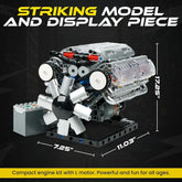 Turtten V8 Engine Model Kit showing a detailed mini V8 engine with visible combustion parts, 535-piece STEM engineering set for ages 14+.