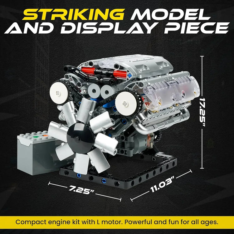 Turtten V8 Engine Model Kit showing a detailed mini V8 engine with visible combustion parts, 535-piece STEM engineering set for ages 14+.