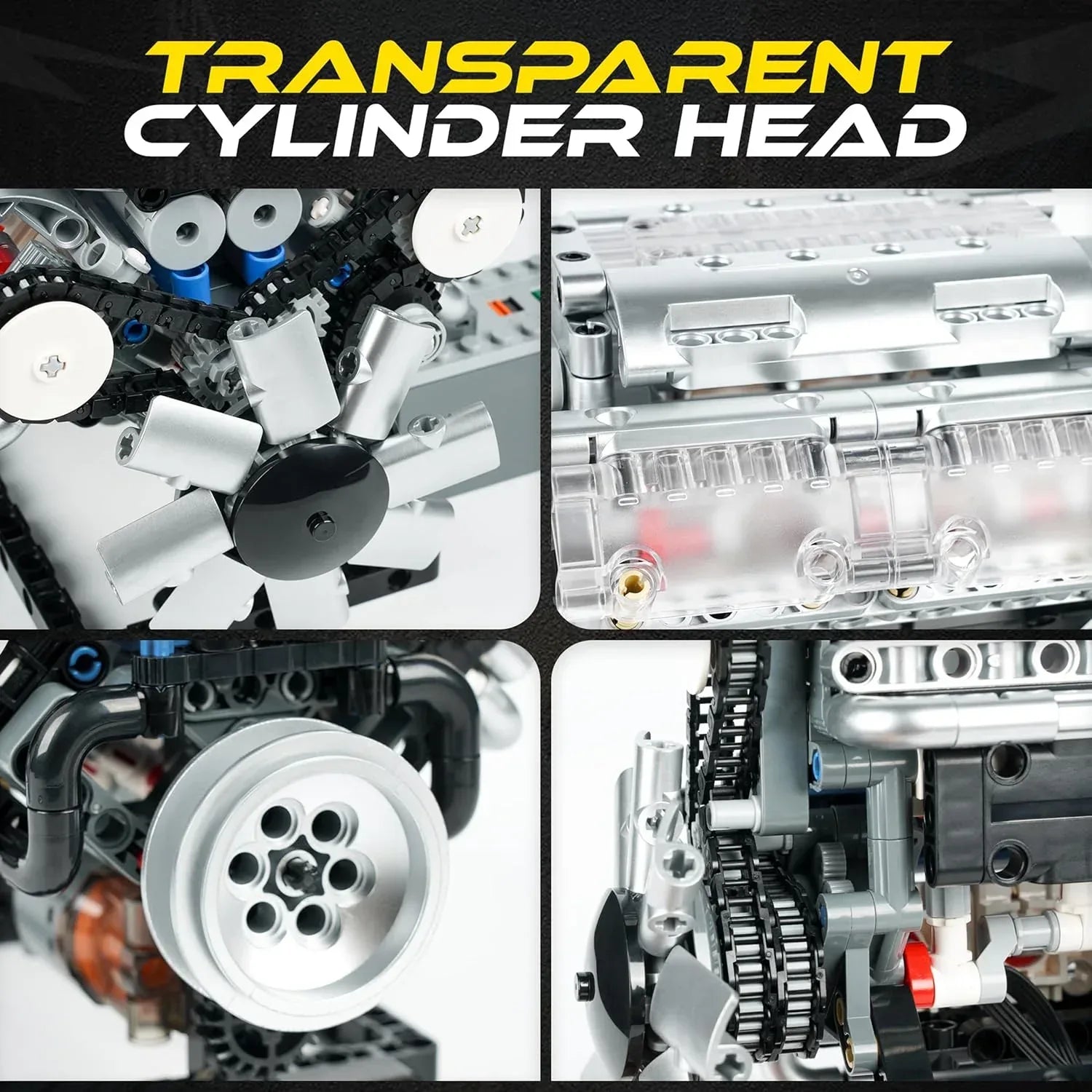 Turtten V8 Engine Model Kit showing a mini functional V8 engine with visible combustion mechanism, 535-piece STEM engineering set.