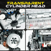 Turtten V8 Engine Model Kit showing a mini functional V8 engine with visible combustion mechanism, 535-piece STEM engineering set.