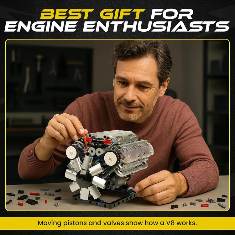 Turtten V8 Engine Model Kit, DIY functional mini V8 engine with visible combustion mechanism, 535-piece STEM engineering kit for ages 14+.