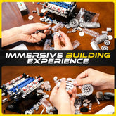 Turtten V8 engine model kit showcasing a mini functional V8 engine with visible combustion mechanism, 535-piece STEM engineering kit.