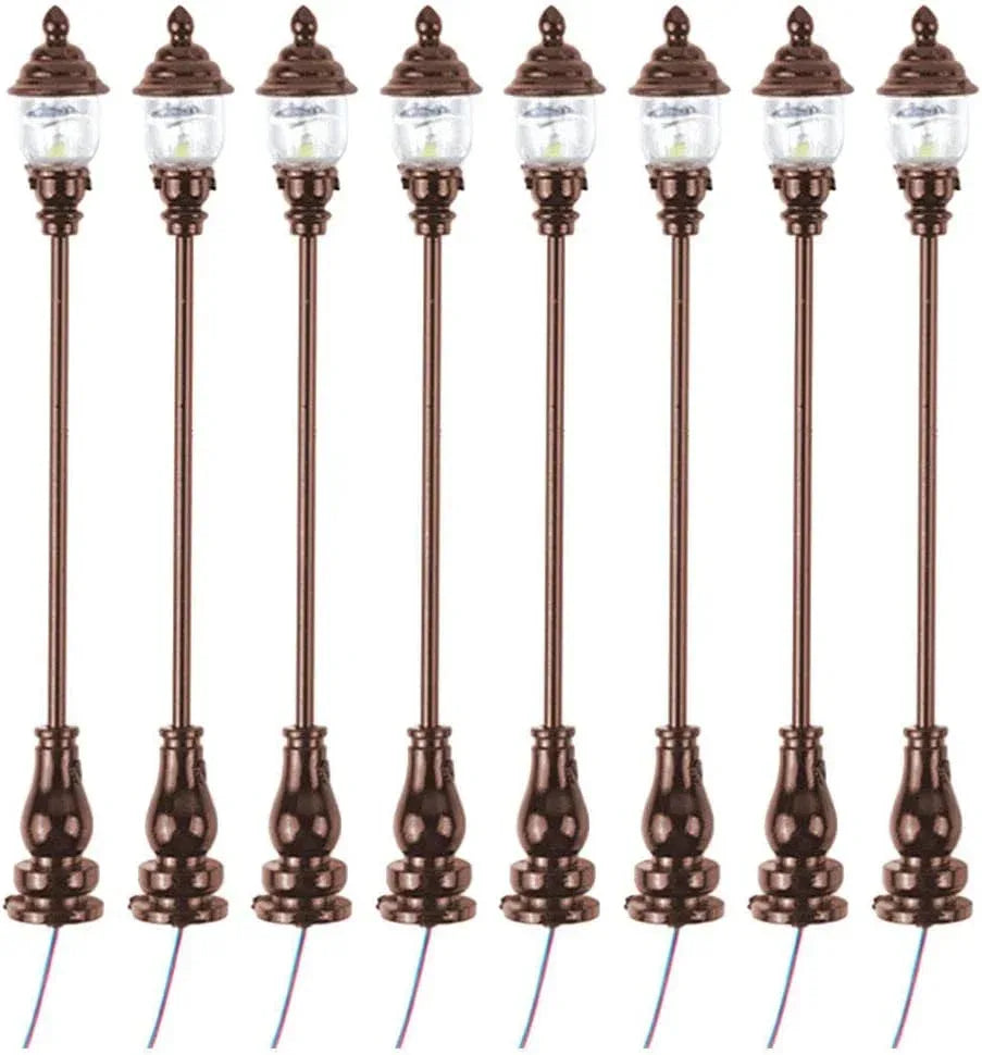 Uonlytech 8-piece miniature garden lighting set with grey decorative lamps for dollhouses, nativity scenes, and model street displays