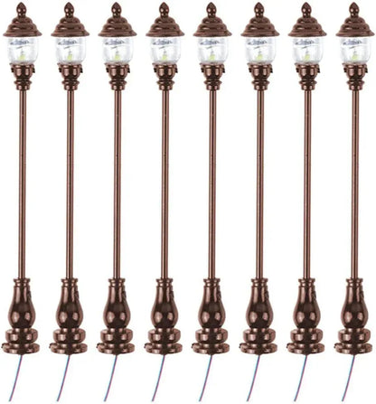 Uonlytech 8-piece miniature garden lighting set with grey decorative lamps for dollhouses, nativity scenes, and model street displays