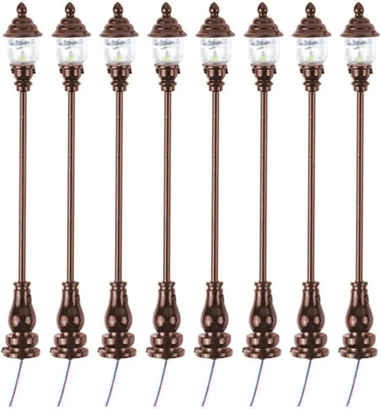 Uonlytech 8-piece miniature garden lighting set with grey decorative lamps for dollhouses, nativity scenes, and model street displays