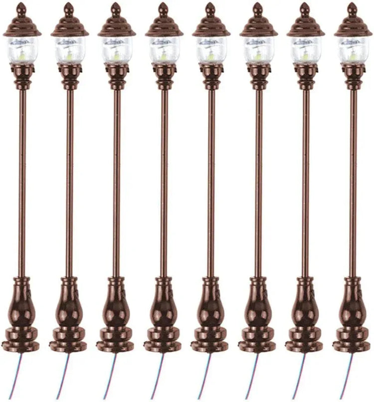 Uonlytech 8-piece miniature garden lighting set with grey decorative lamps for dollhouses, nativity scenes, and model street displays