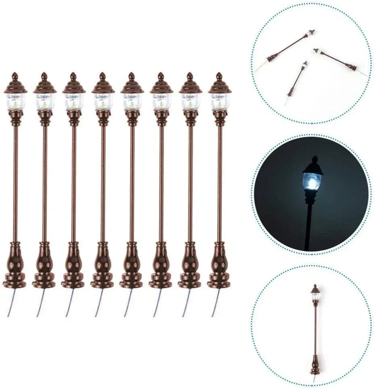Uonlytech 8-piece miniature garden lighting set with grey decorative lamps for dollhouses, nativity scenes, and model train displays.