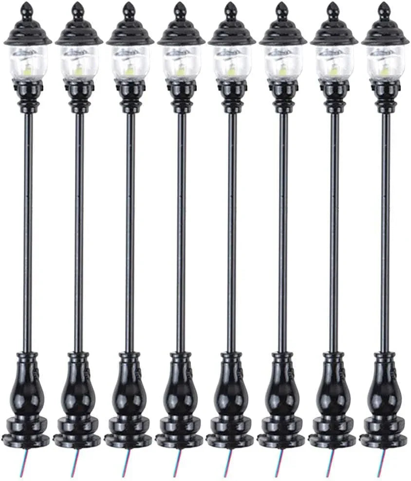 Uonlytech 8-piece miniature garden lighting set with grey decorative lamps for dollhouses, nativity scenes, and model street displays.
