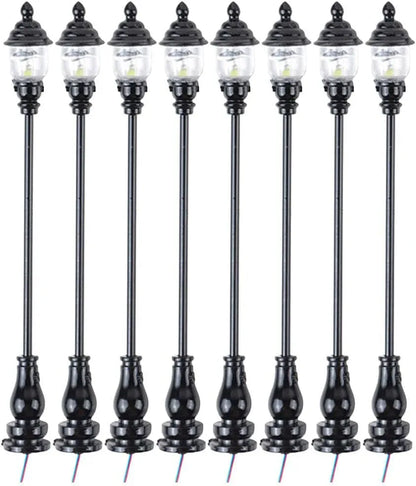 Uonlytech 8-piece miniature garden lighting set with grey decorative lamps for dollhouses, nativity scenes, and model street displays.