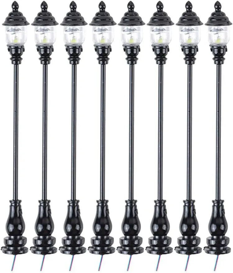 Uonlytech 8-piece miniature garden lighting set with grey decorative lamps for dollhouses, nativity scenes, and model street displays.