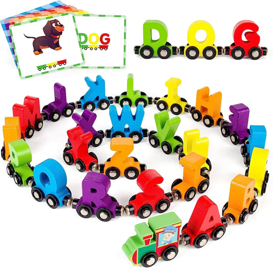 Vanmor 27-piece magnetic wooden alphabet train set with engine, 42 flash cards, and storage bag for educational play and learning.