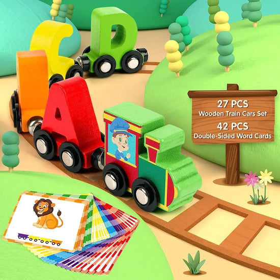 Vanmor 27-piece magnetic wooden alphabet train set with engine, 42 flash cards, and storage bag, ideal for educational play.