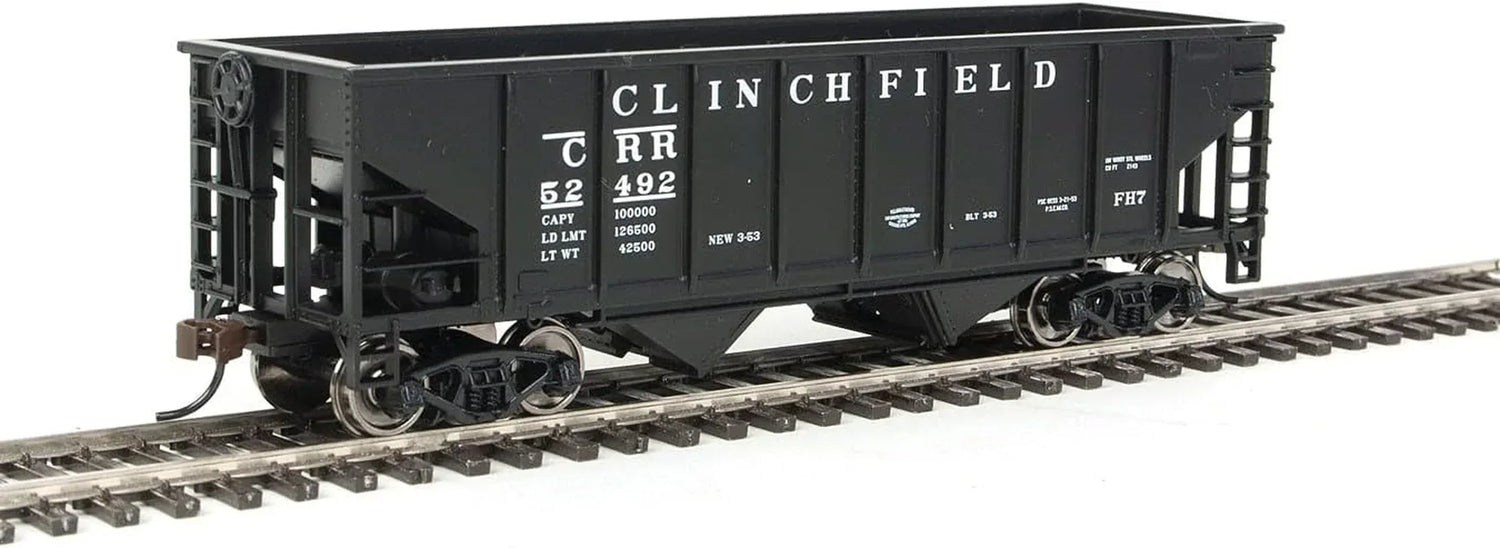 HO scale Walthers Trainline coal hopper model train car with black body and detailed hopper design for model railroads.