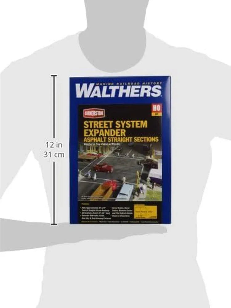 Walthers Cornerstone HO Scale Asphalt Street System - Straight Sections Package (10) with Accessories 933-3195 - Scenery Kit for Model Railroads - BYMRR Train Store
