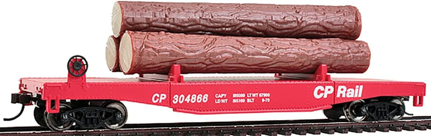 HO Scale Walthers Trainline Red Log Dump Car with realistic logs, detailed model for model train layouts.