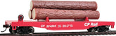 HO Scale Walthers Trainline Red Log Dump Car with realistic logs, detailed model for model train layouts.