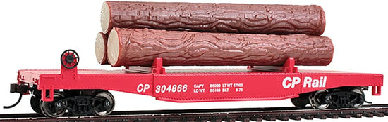 HO Scale Walthers Trainline Red Log Dump Car with realistic logs, detailed model for model train layouts.