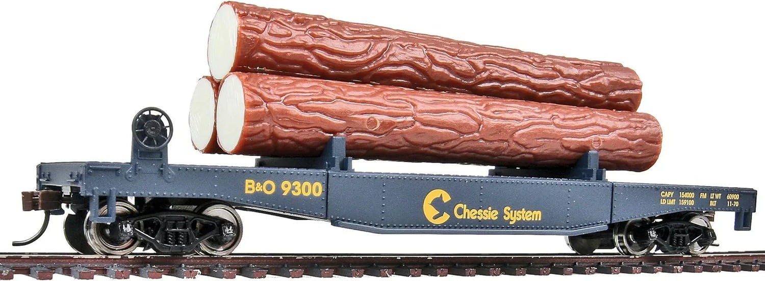 HO Scale Walthers Trainline Red Log Dump Car with realistic logs, suitable for model train layouts and railway scenery.