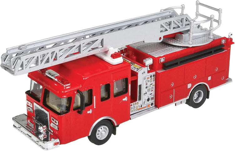 Walthers Scenemaster Heavy-Duty Professional Ladder Truck model in red with extendable ladder and detailed fire truck features.