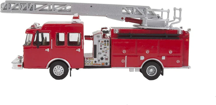 Walthers Scenemaster Heavy-Duty Professional Ladder Truck model with detailed ladder and truck body, realistic scale model for dioramas.