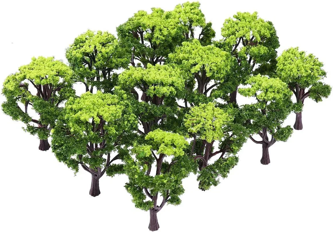 WINOMO 12-piece miniature model trees for train railroad scenery and landscape enhancement, showing detailed small trees for model layouts.