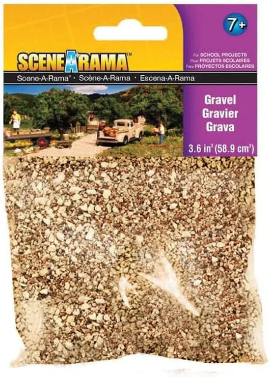 Woodland Scenics 3.6 cubic inches gravel for model scenery, shown in a close-up image of textured gray gravel.