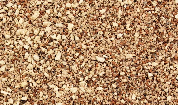 Woodland Scenics 3.6 cubic inches of gravel for model scenery, showing detailed small gravel in a clear container.