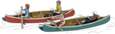 O scale Woodland Scenics canoeist figures set with four figures and two canoes, ideal for scenic model railroad layouts.