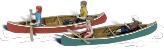O scale Woodland Scenics canoeist figures set with four figures and two canoes, ideal for scenic model railroad layouts.