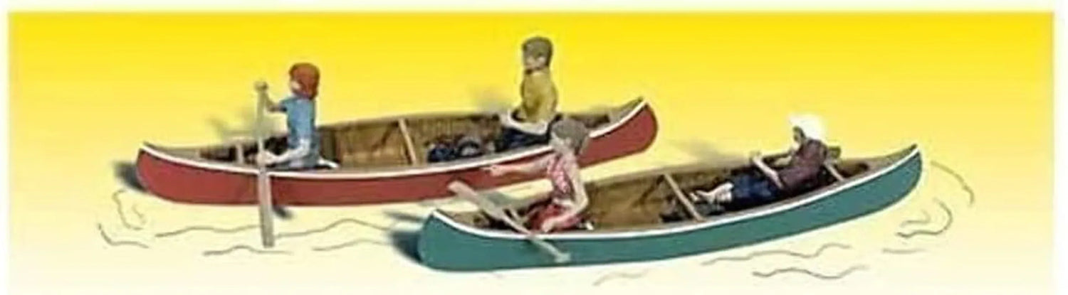 Woodland Scenics O scale canoeist figures set with four figures and two canoes, ideal for model scenery and dioramas.