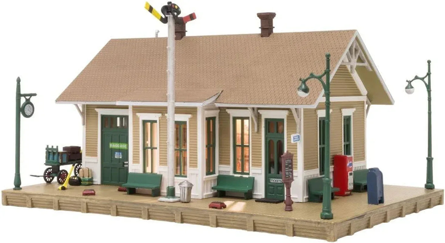 HO scale Danbury Depot model by Woodland Scenics, showing detailed miniature train station building with realistic features.